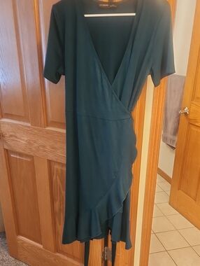 Luxe Deep Teal Wrap Midi Dress with Ruffle Hem